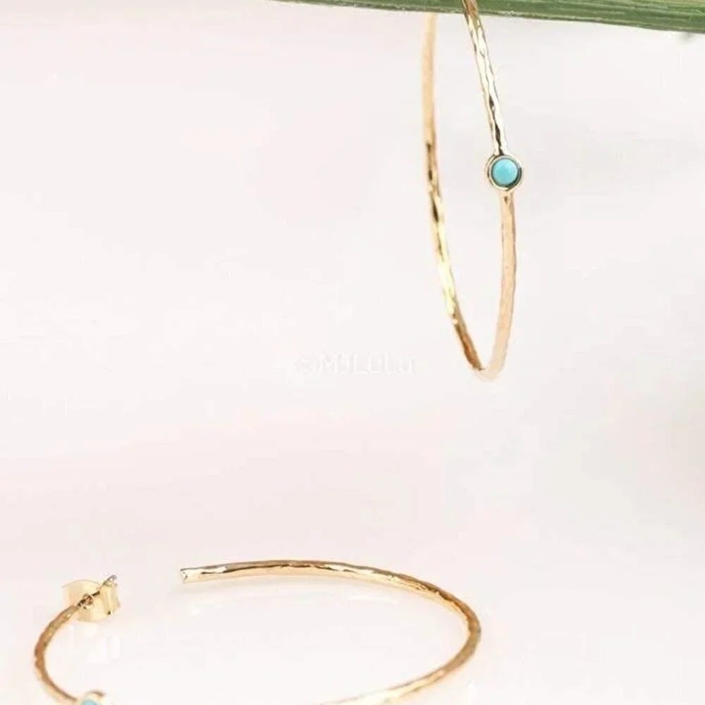 14K Gold-Plated Hoop Earrings with Simulated Blue Turquoise Lightweight Hypoalle